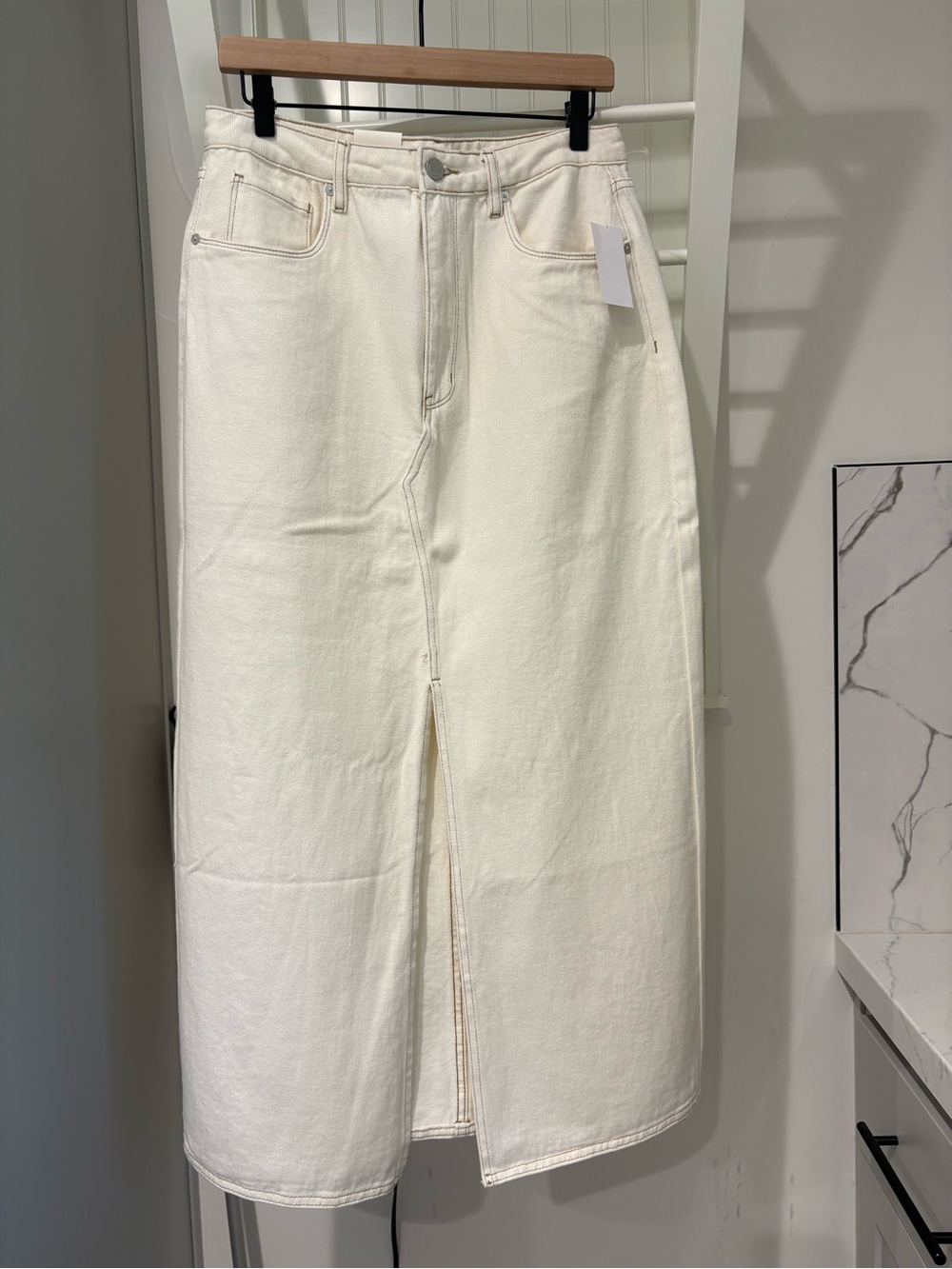 Blank NYC Cream Denim Midi Skirt with Front Slit
